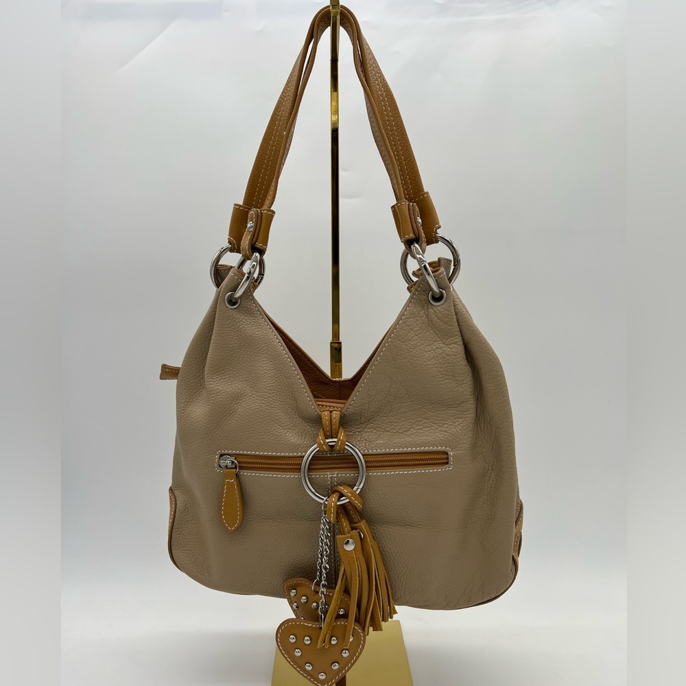 Vera Pelle Italian Leather Tote Shoulder Bag Beige Tan Double-Handle Tassel